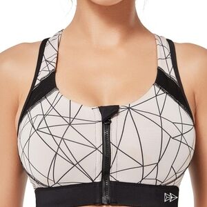 High-Support Front-Zip Sports Bra - Black & White Geometric